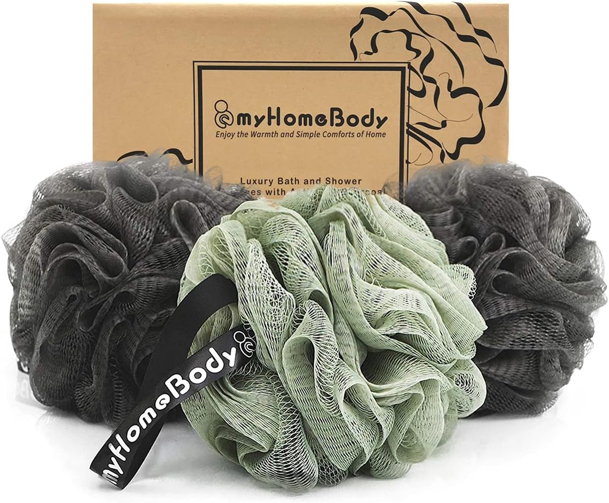Large 70g Loofah Sponge, Body Scrubber, Bath Sponge, Luxury Loofah for Women, Men | Gentle Exfoliating Sponge - Body Wash Shower Pouf with Activated Charcoal - Lots of Lather for Bath, Shower, 3 Pack: Health & Personal Care