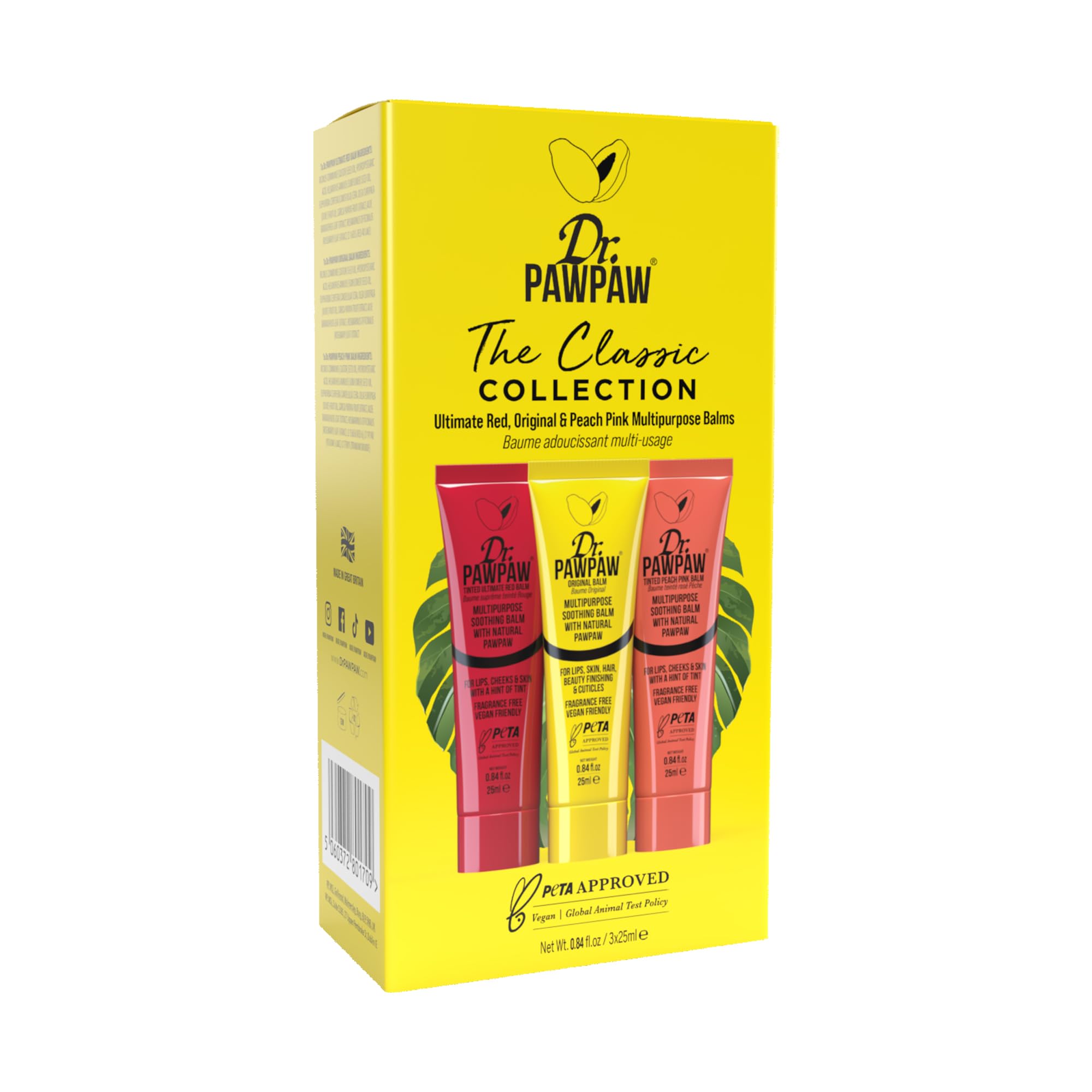 Dr.PAWPAW The Classic Collection 3 x 25ml, Original Ultimate Red and Peach Pink Balms, Multi Purpose Natural Fragrance Free Pawpaw Care for Hydrating Lips Skin and Beauty Finishing