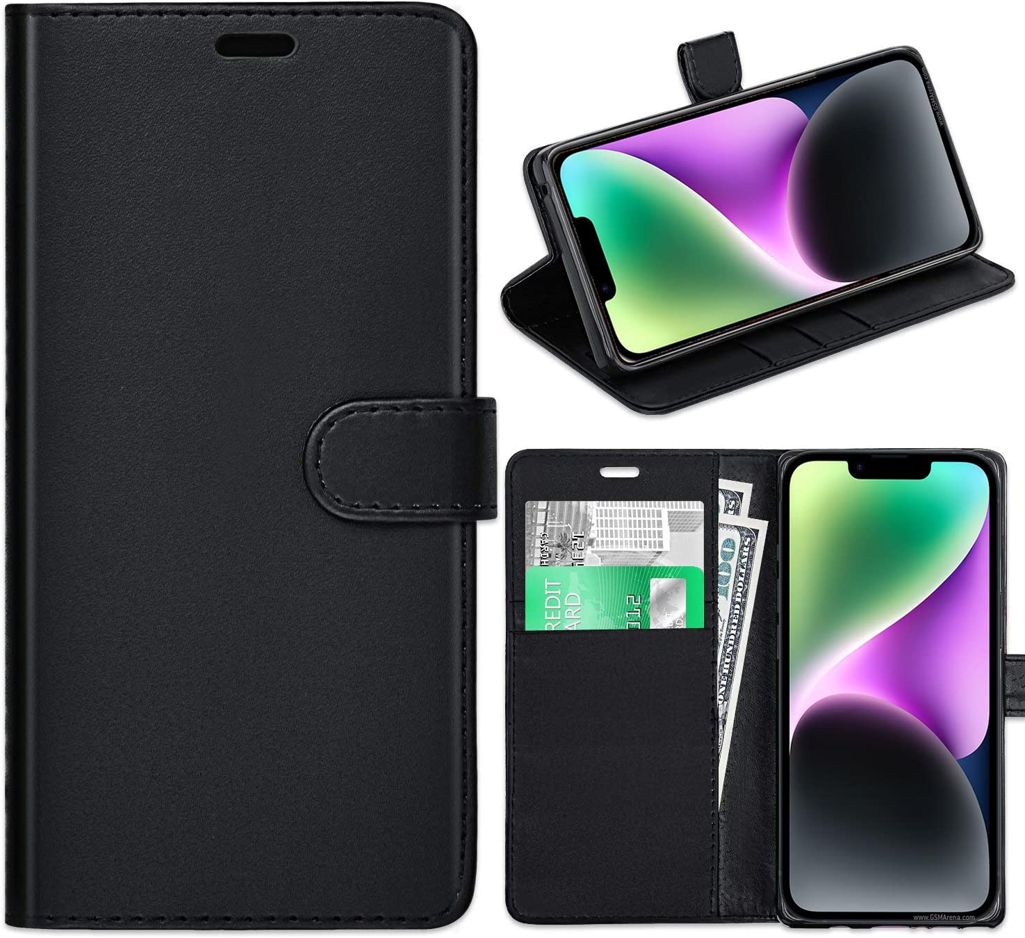 KP TECHNOLOGY - iPhone 14 Case, iPhone 14 Leather Case, iPhone 14 Book Flip Leather Wallet Cover with Card Slots for iPhone 14 (BLACK)