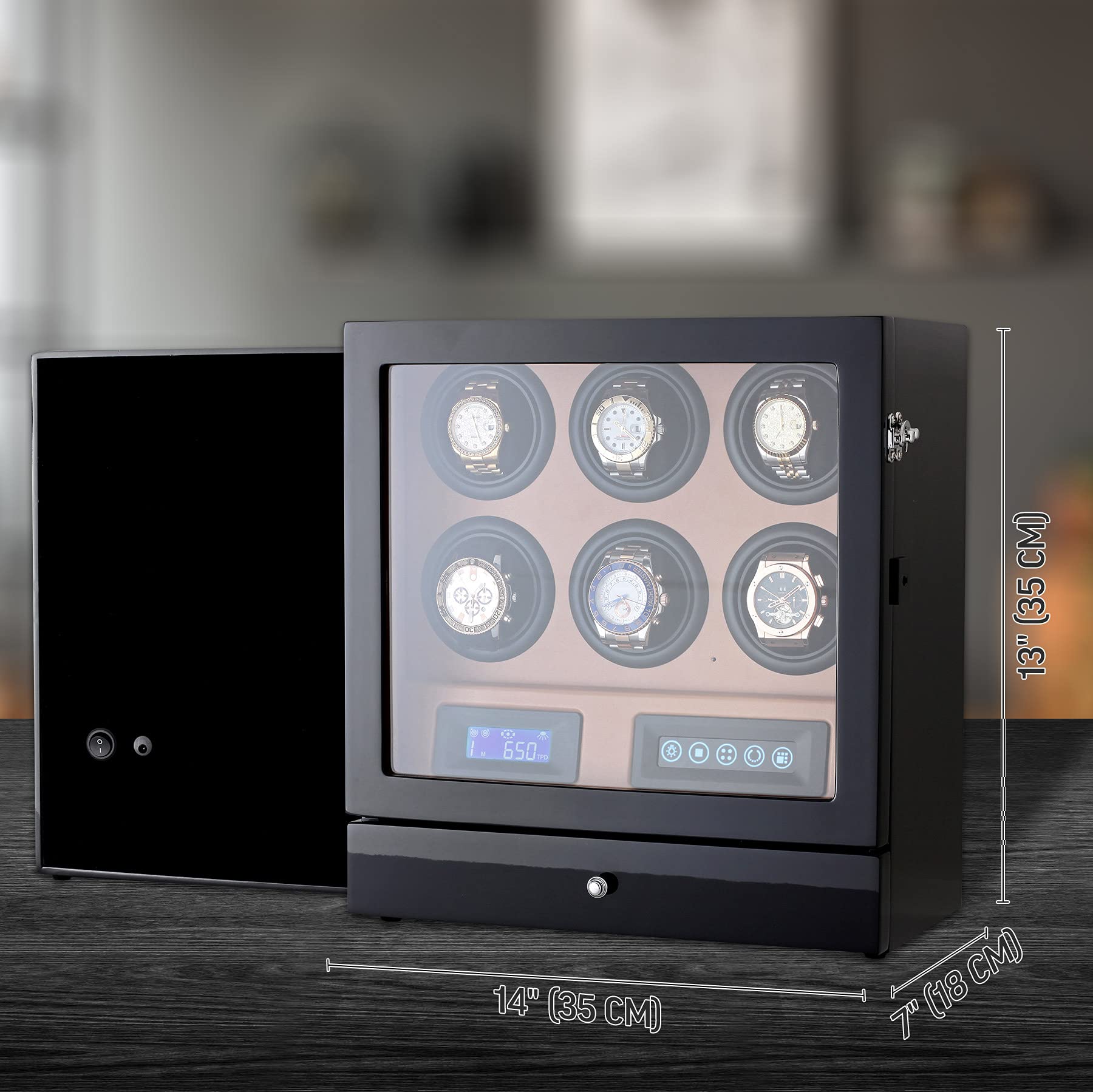 Watch Winder for 6 Watches with 2 Watches Storage Drawer, LED Backlight, LCD Display and Remote Control