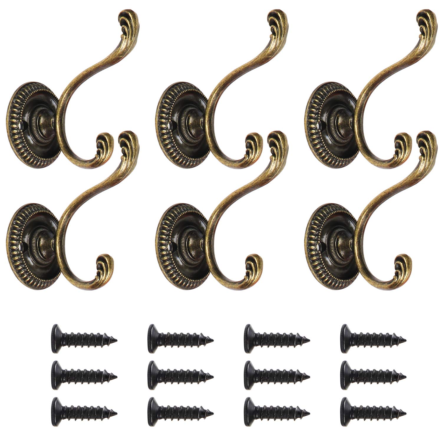 TsunNee 6PCS Vintage Dual Coat Hooks, Heavy Duty Wall Hooks, Clothes Hat Hooks, Master Bedroom Hooks, Decorative Door Hooks with Screws for Bathroom Kitchen, Bronze