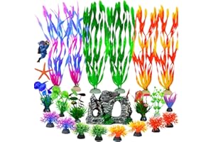 E-TING 23pcs Aquarium Decor Plastic Plants Artificial Fish Tank Plants Decorations Rock Cave Betta Fish Tank Accessories