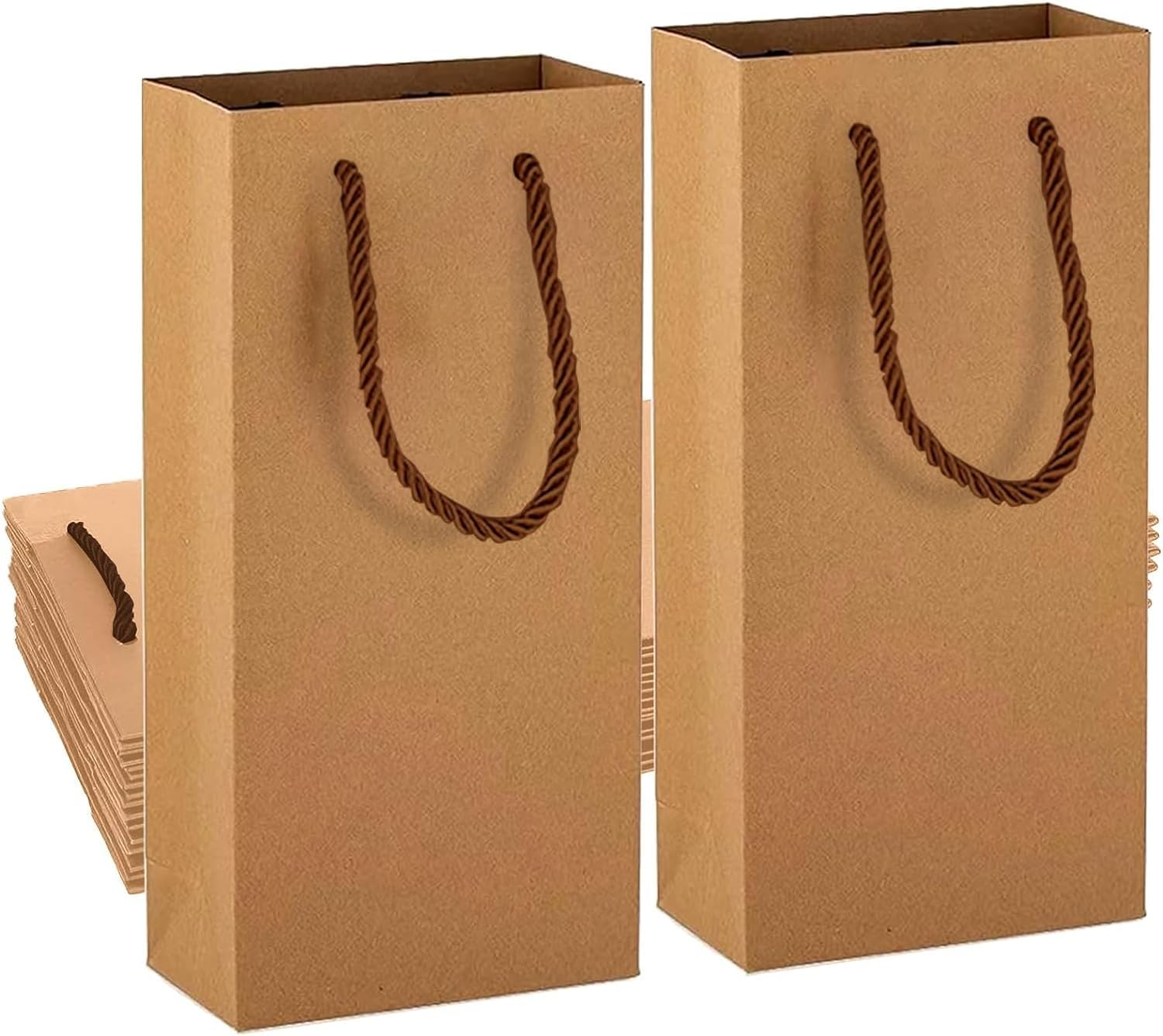 Kraft Paper Wine Gift Bags - Premium 2 Bottles with Reinforced Handles - Pack of 10. Ideal for Christmas, Weddings, Parties (Brown)