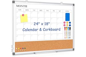 WALGLASS Monthly Calendar Whiteboard Dry Erase Cork Board Combo for Wall, 24" x 18" Magnetic Double-Sided Calendar White Board and Bulletin Board, Portable Board for Office, Kitchen, School, Home
