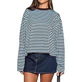 LOMON Striped Long Sleeve Shirt Women Y2k Oversized Crewneck Fall Spring Drop Shoulder Vintage Tops Teen Girl Clothes