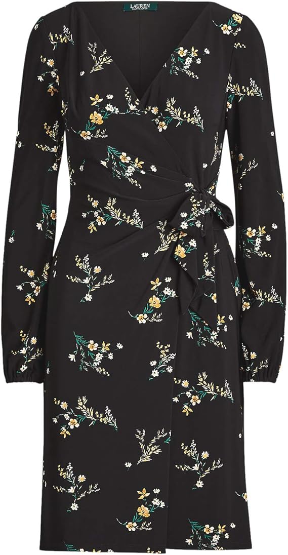 Lauren Ralph Lauren Womens Joni Floral Tie-Front Jersey Dress 6 Black/Gold at Amazon Womenâs 
