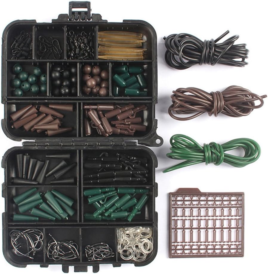 LinTimes 187-Pack Carp Fishing Terminal Tackle Tool Set/Kit Safety Lead Clips Quick Swivel Fishing Hooks Tubes Bait Stoppers Anti Tangle Sleeves Accessories Bundle Box