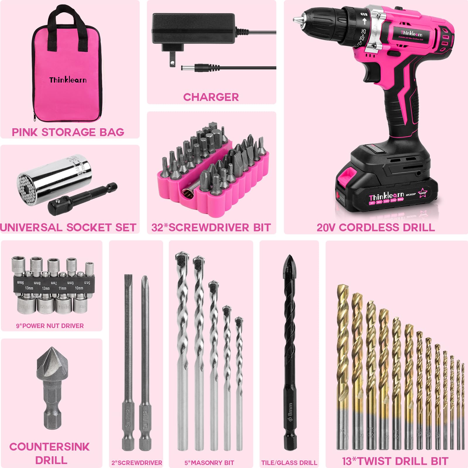 Pink Cordless Drill Set, 20V Lithium-ion Power Drill Set for Women with 67Pcs Driver Bits, 3/8