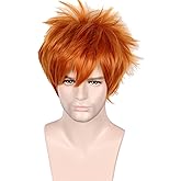 Linfairy Unisex Short Straight Orange Red Cosplay Wig Halloween Costume Full Wig for Men