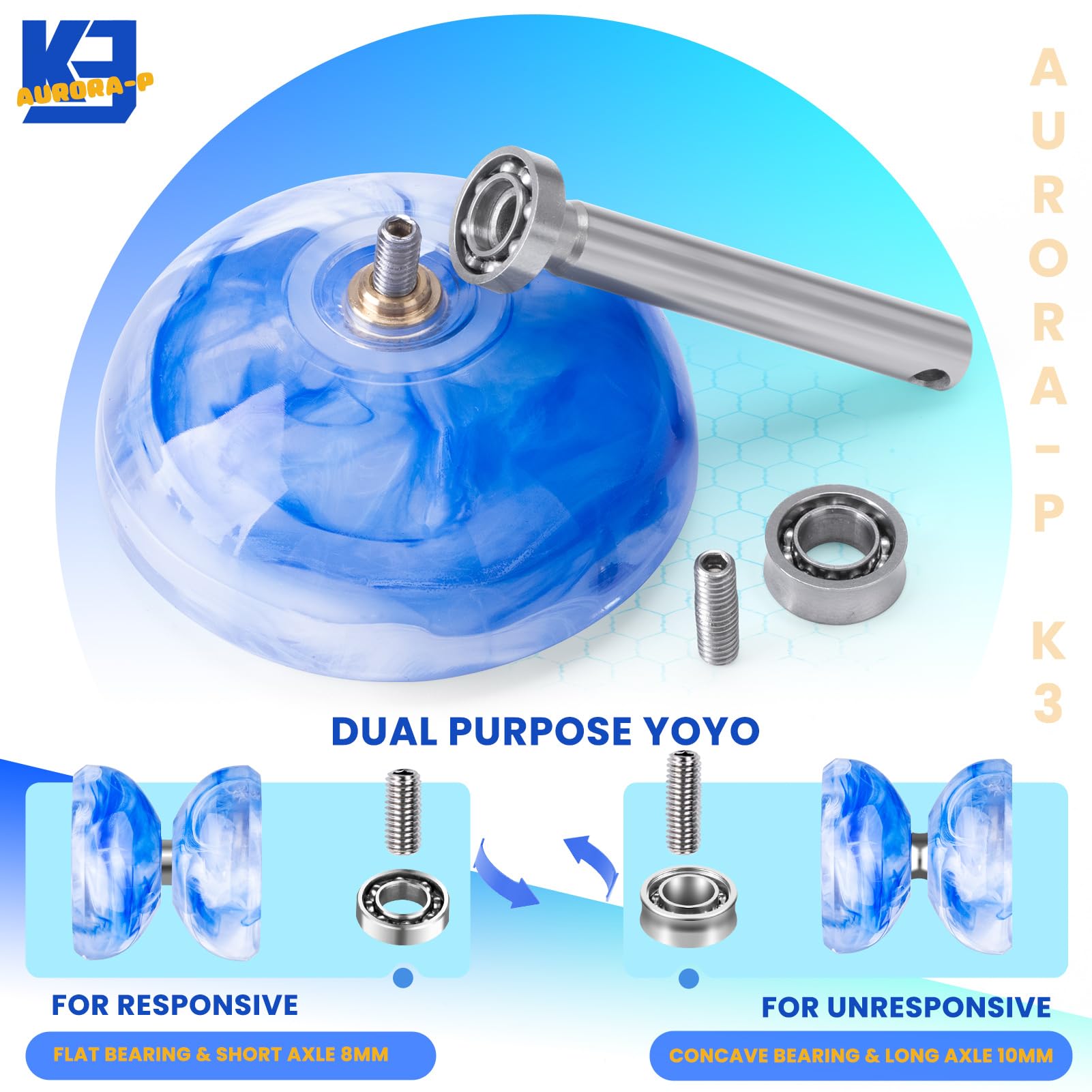 MAGICYOYO K3 Aurora-p Kids Pro Yoyo‌ – Responsive Yoyo for Kids 8-12 | Unresponsive Yo-yo Bearing & Crystal Plastic Design with 12 Strings + Bag | Learn Tricks(Blue/White)
