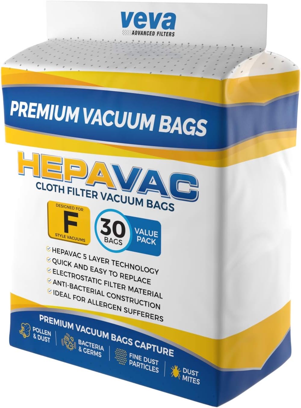 VEVA 30 Pack Premium HEPA Vacuum Bags Style F Cloth Bag Compatible with Kirby Replacement Type F, Q, 204808 204811 Avalir, Sentria I, II, G10D, Ultimate G, Diamond; G3, G4, G5, G6, G7 Cleaners -