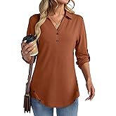 TICTICMISS Women's 3/4 Length Rolled Sleeve Tunic Tops Collared V Neck T Shirts Both Side Buttons Blouses