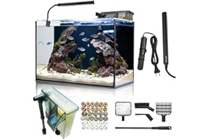 WONDERFACTORY 10 Gallon Aquarium Set Glass Fish Tank, Heater Self Cleaning System Filter with Media Bright Light Cleaning Tool, Leak-Proof Clear Rimless Betta Tropical Freshwater Fish