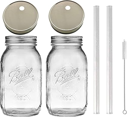 Amazon Com 2 Glass Mason Drinking Jars With 2 Straw Hole Lids 2 Glass Straws And 1 Straw Cleaner Silver Health Personal Care