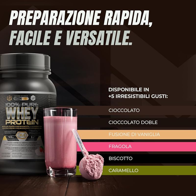Whey Protein | Proteina Whey pura con Collagene e Magnesio | Migliora i tuoi allenamenti | Protegge e aumenta la massa muscolare | 1000g di proteina (Fragola)