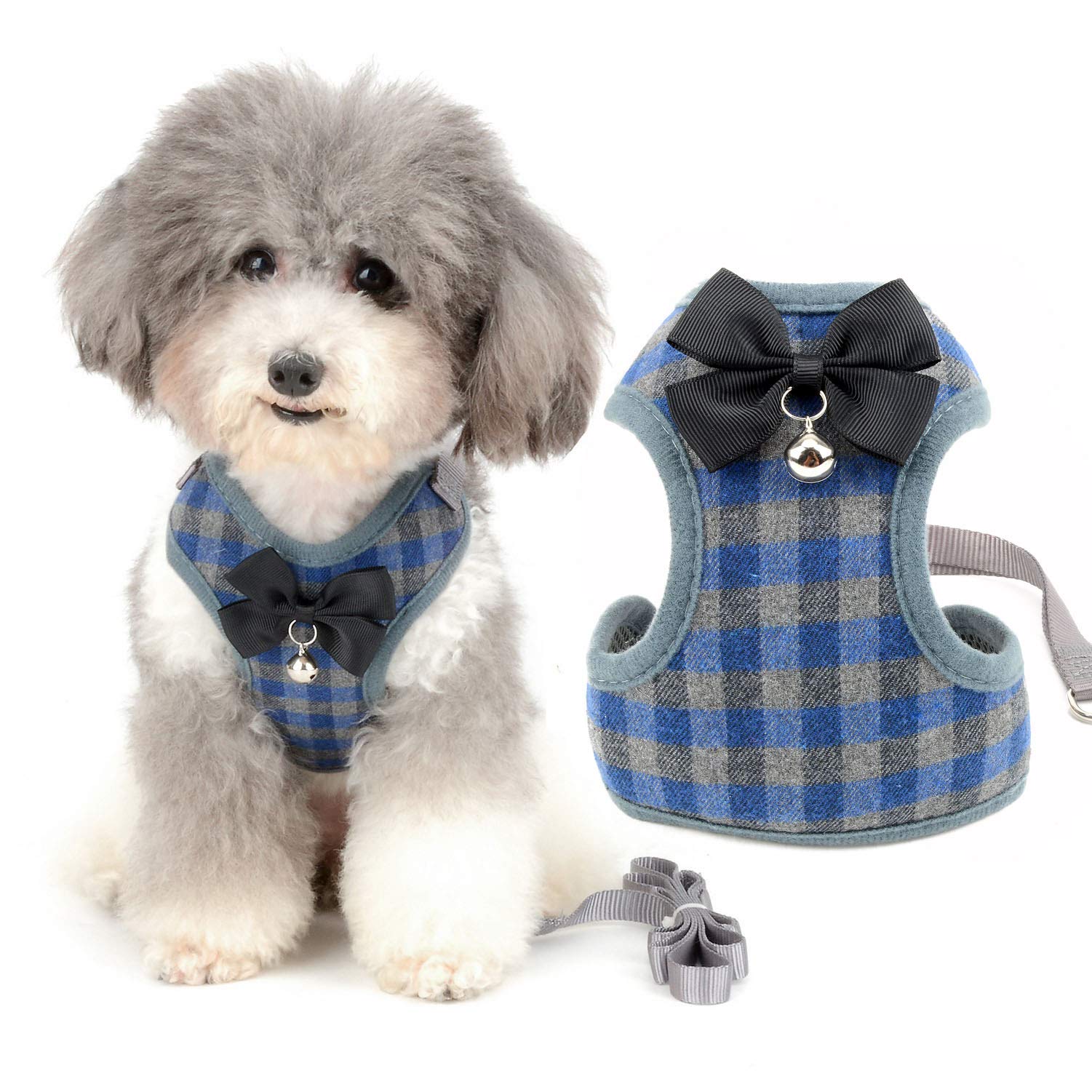 Zunea No Pull Small Dog Harness and Lead Sets Adjustable Soft Mesh Plaid Tuxedo Vest Clothes with Bowtie and Safety Bell for Puppy Chihuahua, Escape proof Cats Harnesses for Walking Blue L