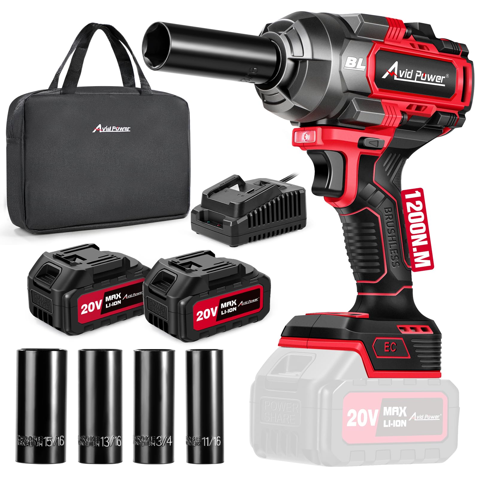 AVID POWER Cordless Impact Wrench Kit 900 Ft-lbs (1200 N.M), 2*4.0 Ah Batteries 20V Brushless High Torque Impact Gun for Car Tire Changes and Lug Nut & Bolts Removal |Fast Charger, Sockets & Tool Bag Image