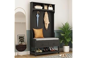 Homsee Modern Hall Tree with Storage Bench, 4-in-1 Entryway Bench with Coat Rack, Tall Hall Tree with 4 Metal Double Hooks, Shelves & 2 Drawers for Hallway, Living Room, Black