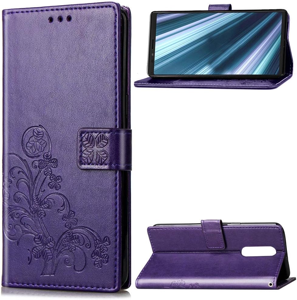Mobile Phone Leather Cases Lucky Clover Pressed Flowers Pattern Leather Case for Sony Xperia 1 / Xperia XZ4, with Holder & Card Slots & Wallet & Hand Strap (Black) Leather Cases ( Color : Purple )