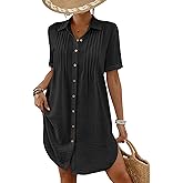 Bsubseach Swimsuit Coverup for Women V Neck Bathing Suit Cover Up Short Sleeve Causal Bikini Button Down Shirt Black L