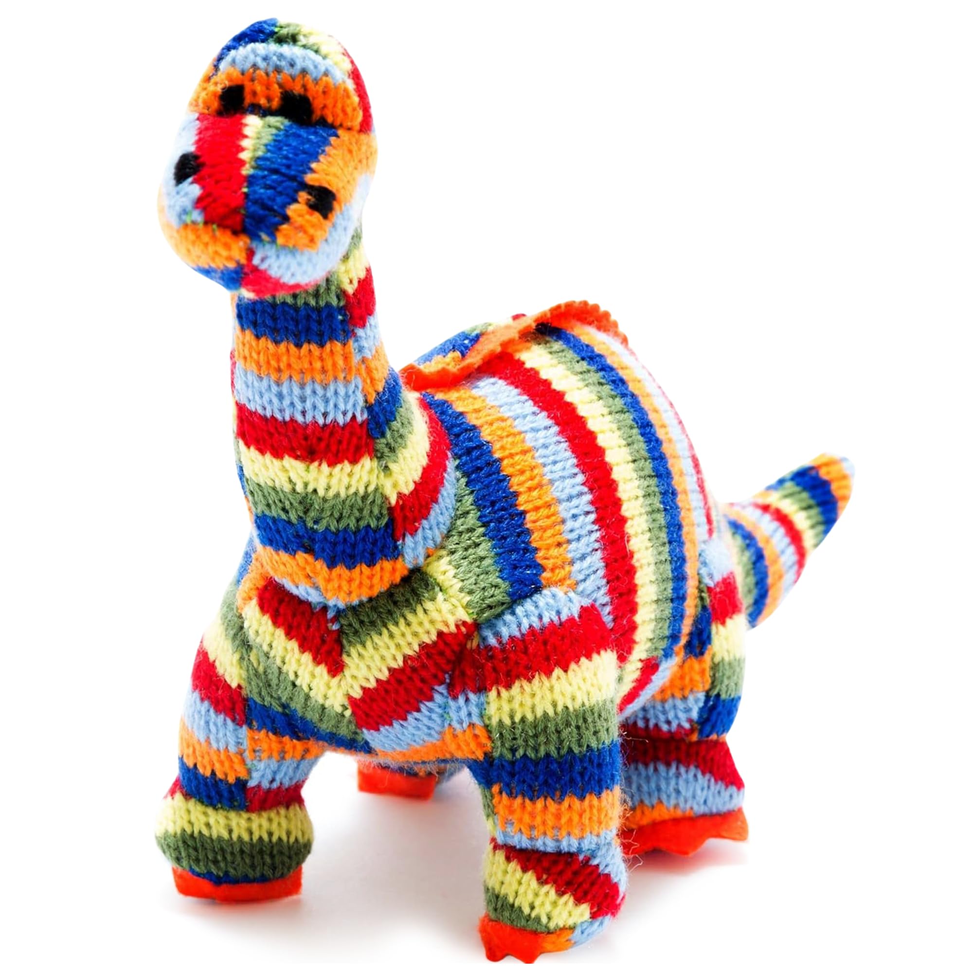 Best Years | Small Knitted Multi Striped Diplodocus Dinosaur Baby Rattle | Newborn & Baby Gift | Soft & Safe | Machine Washable | 15cm x 20cm | Suitable from Birth | Ethically Sourced