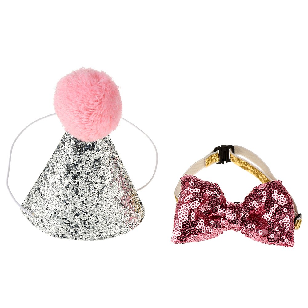 Lovely Dog Birthday Party Cone Hat and Bow Tie Collar Sequin Set, Mini Cute Pet Cat Dog Birthday Party Decoration Bowknot Costume Headwear(Pink)