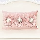 Alerfa 3D Flower Handmade Throw Pillow Cover Decorative Pink Velvet Pillowcase Cushion Cover with Hidden Zipper for Couch Bed Living Room Home Decor 12x20 Inches