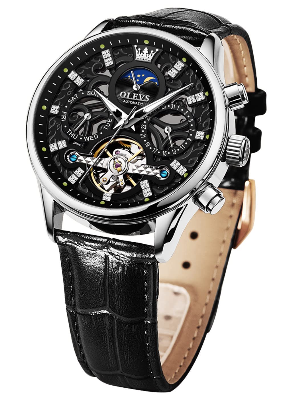 OLEVS Men Skeleton Watch Automatic Mechanical Dress Casual Brown Leather Moon Phase Luminous Waterproof Wrist Watch, Black Leather & Black Face, Skeleton Watch, Mechanical