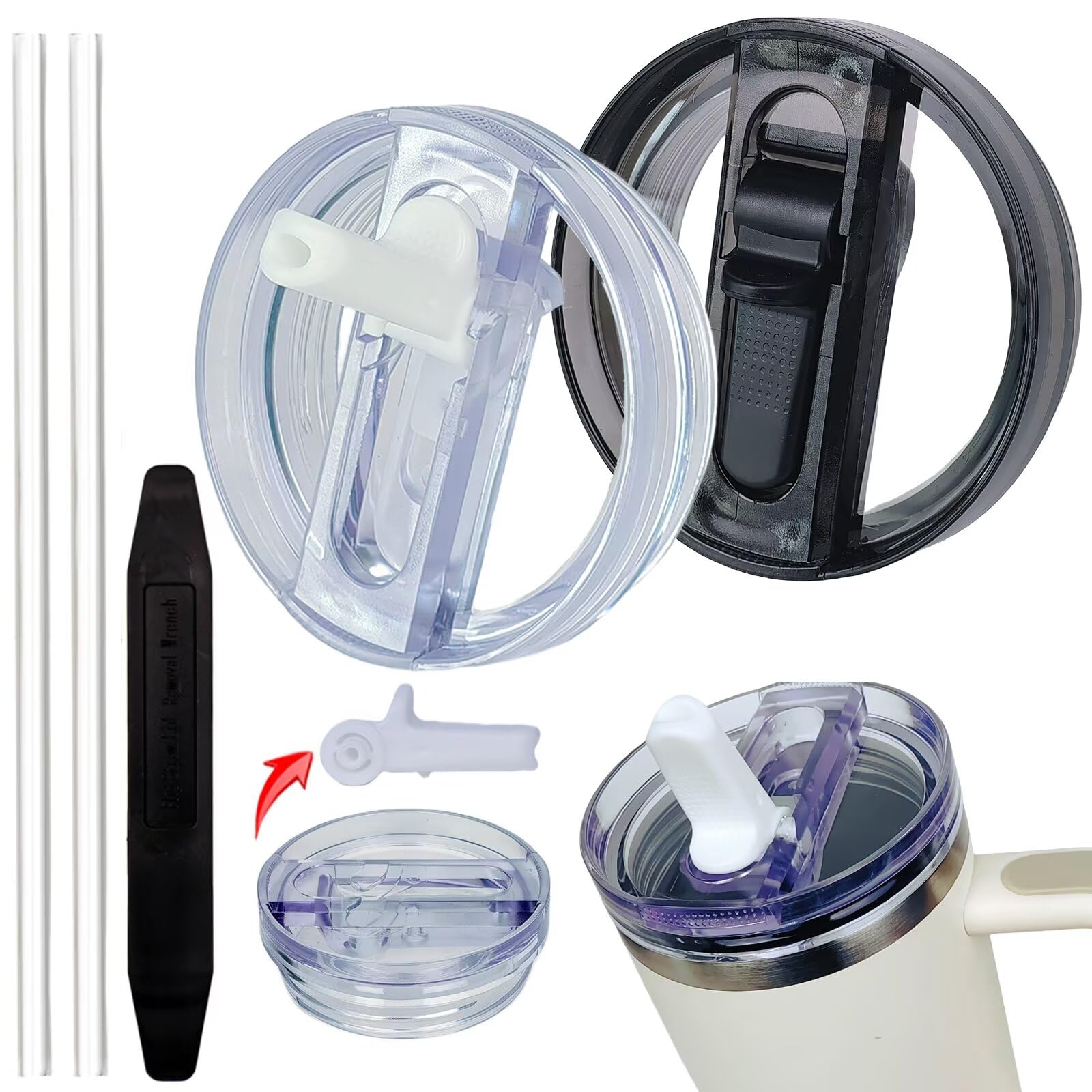 Photo 1 of 2 Pack 40 oz Tumbler Detachable Flip Straw Lid Replacement Fit for Stanley Quencher ProTour,Leak Proof Lid Compatible with Stanley Cup,No Spill Flip Top Tumbler Cover for Stanley Cup Accessories