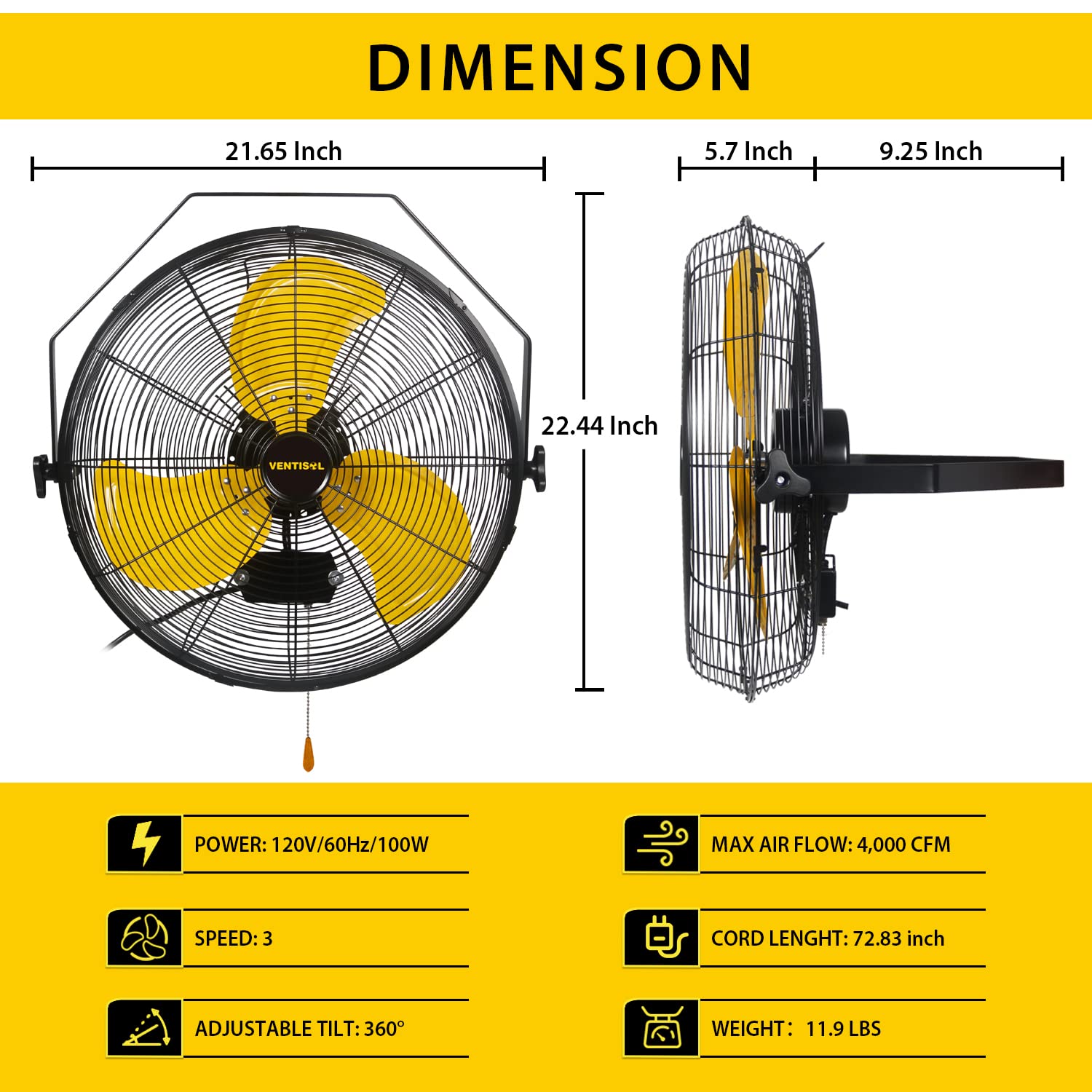 VENTISOL 4,000 CFM Wall Mounted Fan 18 Inch High Velocity Metal Fan Commercial Industrial Shop Wall Fan with 3 Speed,Wall-Mount Fan with Adjustable Tilt for Commercial,Residential