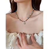 HbasdLH Gold Sun Pendant Beaded Necklace for Women, Handmade Stainless Steel Natural Stone Choker, Layered Bead Chain with Rice Beads and Gemstones, Vintage Boho Short Necklace Gift Box Included