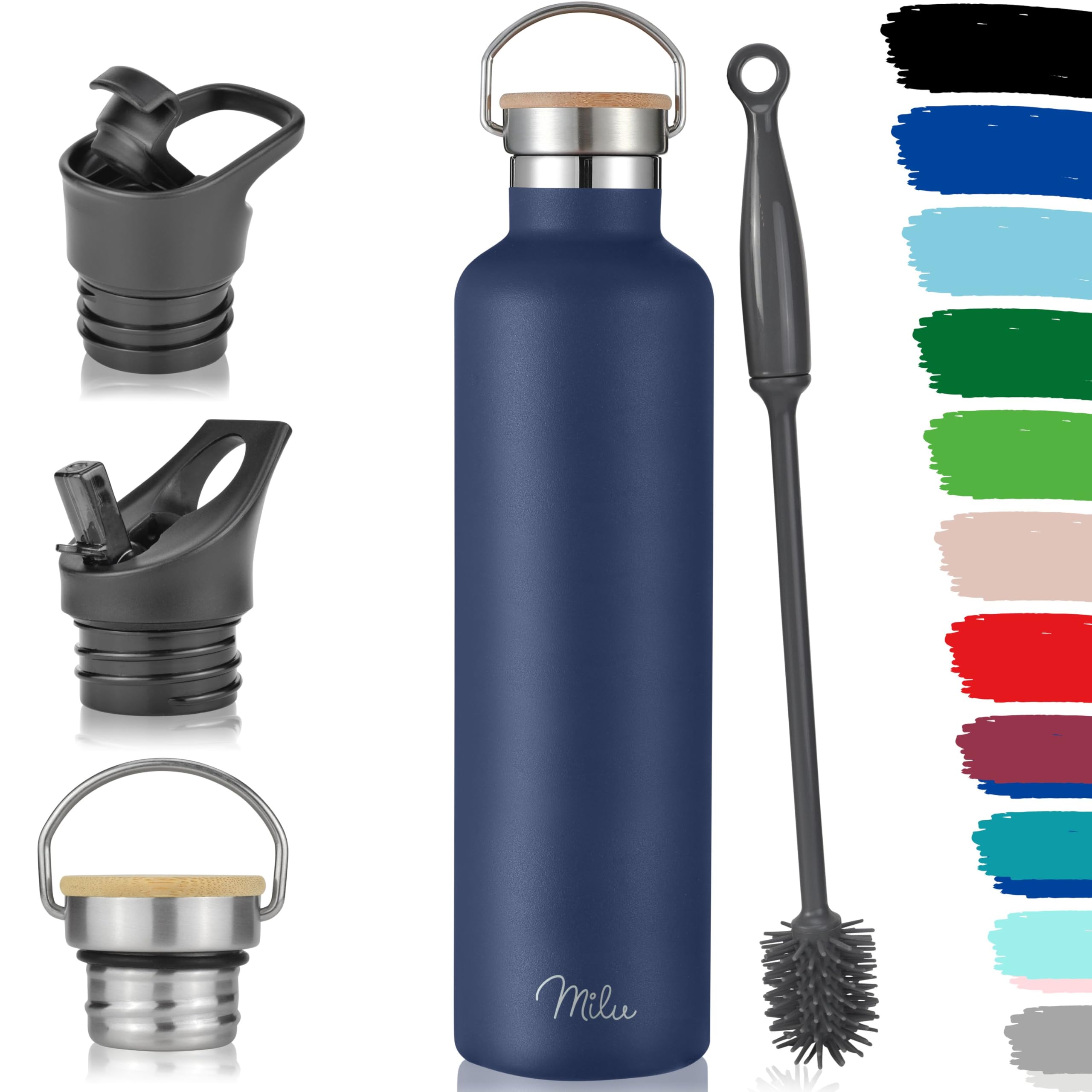 Milu Stainless Steel Drinking Bottle 350ml, 500ml, 750ml, 1l (+3 Lids) - Thermo Bottle with Straw, Water Bottle, for Hot, Cold & Carbonated Drinks (Navy Blue, 1000ml)