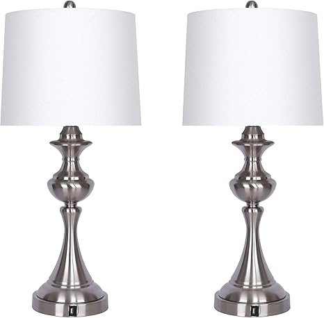 Brushed Nickel 28 5 Table Lamp Set Of 2 3 Way Switch Lamp With White Linen Shade Usb Charger In Lamp Base