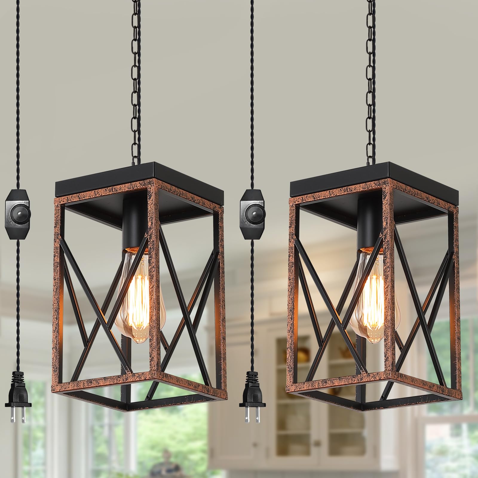 Photo 1 of 2 Pack Rustic Farmhouse Plug in Pendant Light Fixture with Adjustable Chain, Dimmable Switch, Handmade Painted Metal Square Small Hanging Lamp for Kitchen Island Bedroom Hallway Farmhouse, Black