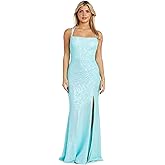 MORGAN AND CO. Shimmering Iridescent Sequin Long Dress W/Strappy Back & High Slit - Juniors' Glam Prom Homecoming Party Gown