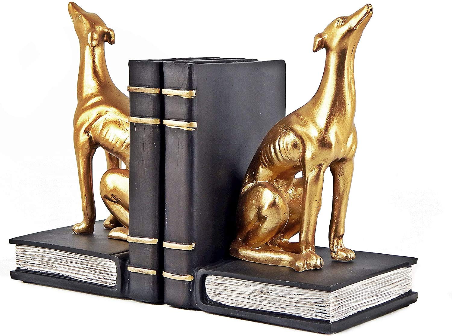 Bellaa 24209 Decorative Books Bookends Greyhound Dog Animal Book Ends Heavy Duty Stoppers Bookshelf Shelves Holder Library Shelf Dividers Home Decor Golden 7 inch