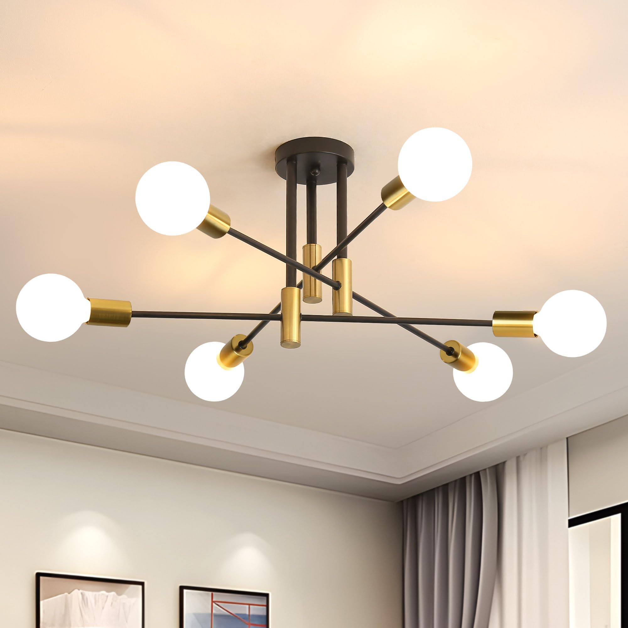 Dorlink Sputnik Ceiling Light, 6 Lights E27 Vintage Black and Gold Flush Mount, Semi-Flush Fitting Modern Sputnik Chandelier Light for Living Room Kitchen Bedroom Dining Room Office — image 1
