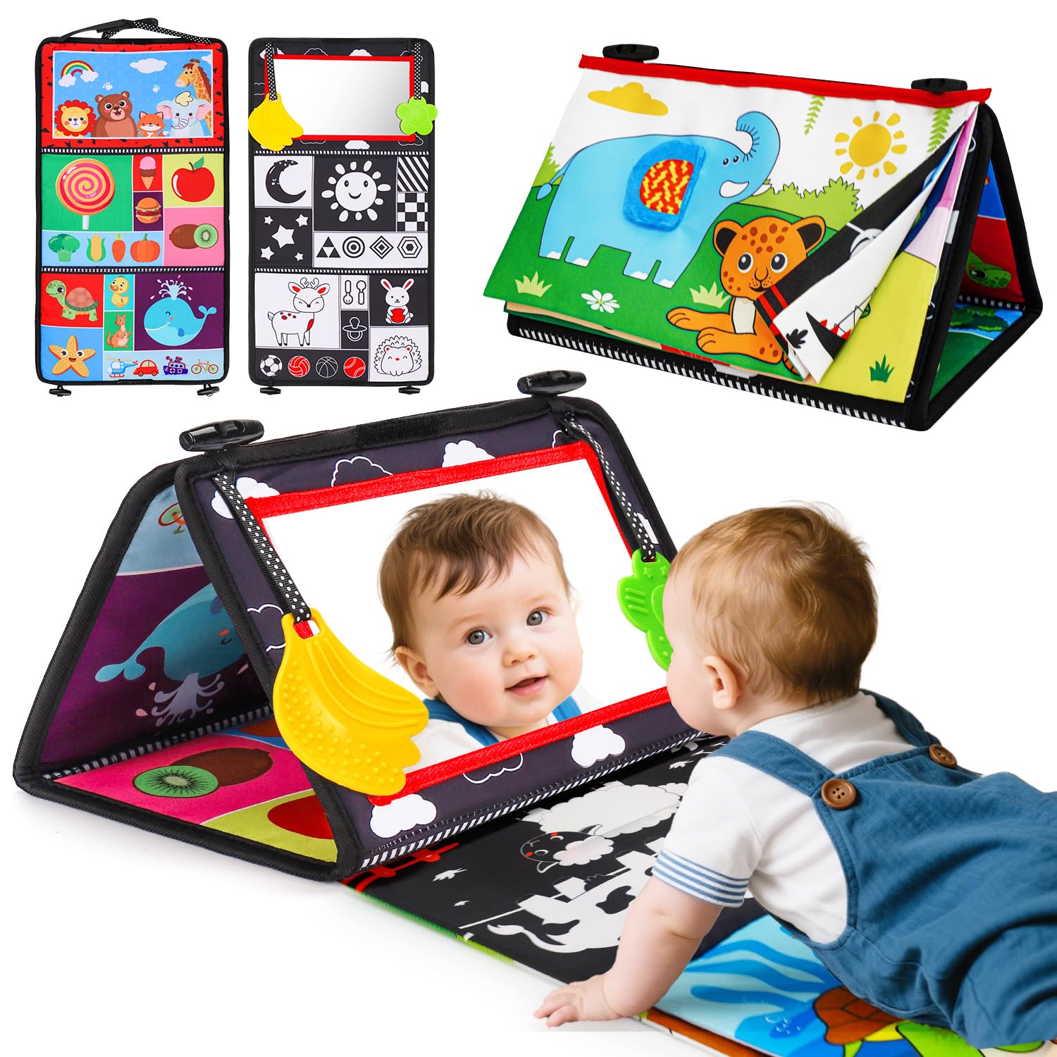 Baby Mirror Tummy Time Toys 0-6 Months with Crinkle Cloth Books Infant High Contrast Newborn Sensory Black and White Toy for 0-3 4 5 6 Months Must Haves Babies 3-6 6-12 Month Boy Girl Shower Gifts