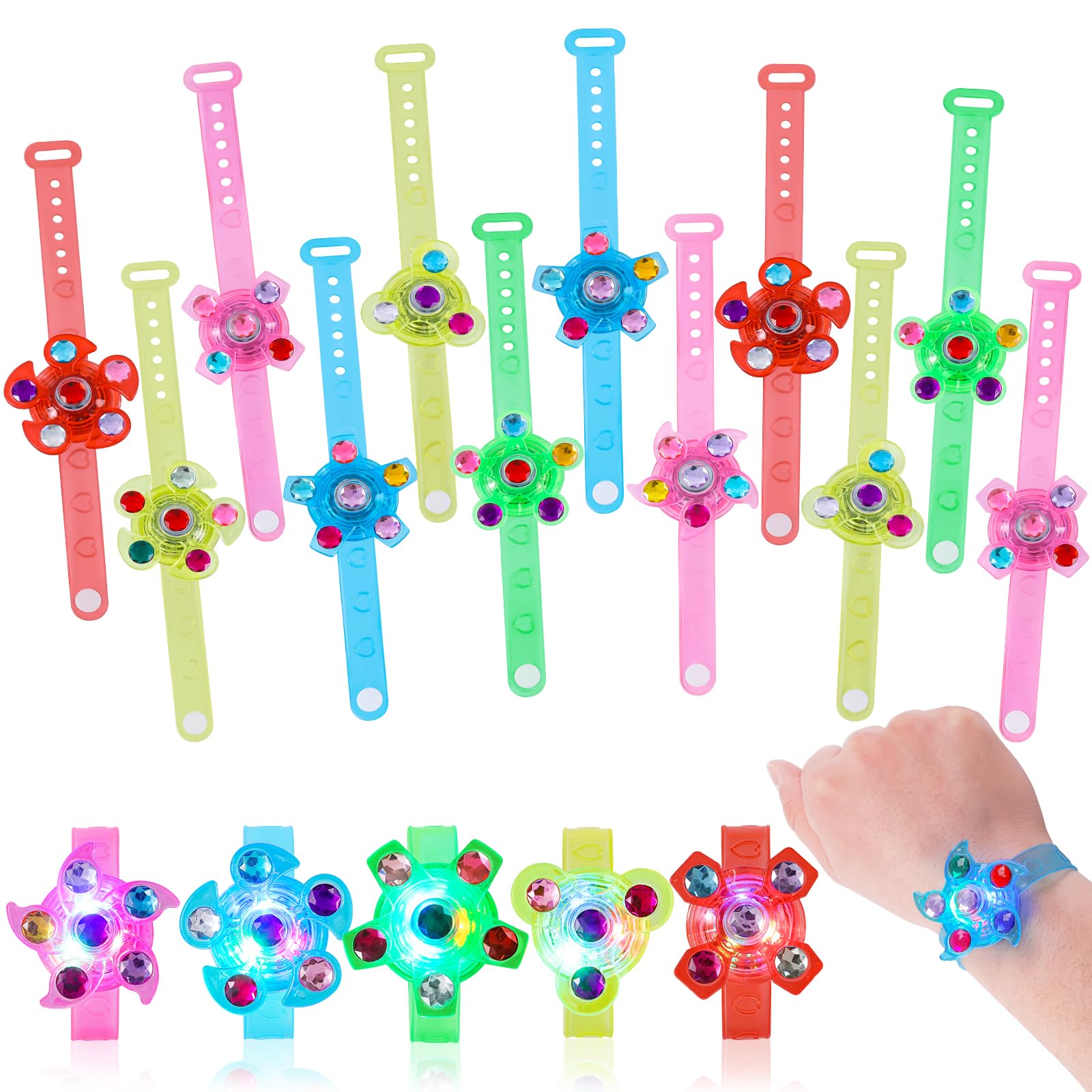 MACALOCA 12Pack LED Light Up Fidget Spinner Bracelets, Glow in The Dark Party Favors for Kids 4-8 8-12, Treasure Box Toys for Classroom, Birthday Gifts, Easter Gifts Goodie Bags Stuffers