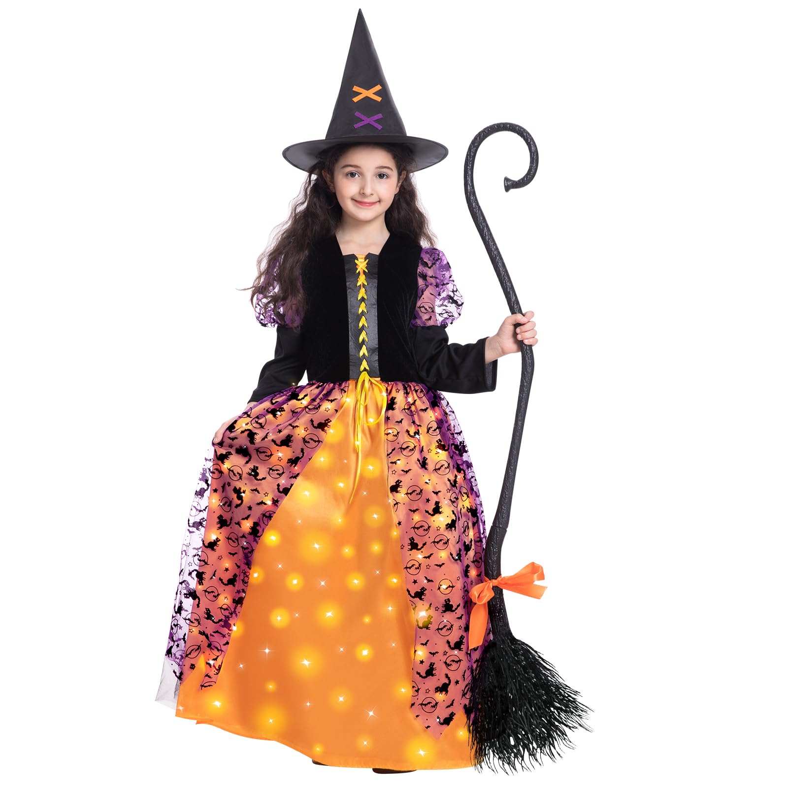 Photo 1 of Witch Halloween Costume for Girls, Light Up Witch Dress Deluxe Outfit with Hat and Broom, Kids Twinkle Witch Costumes for Halloween Dress Up Party (Medium)