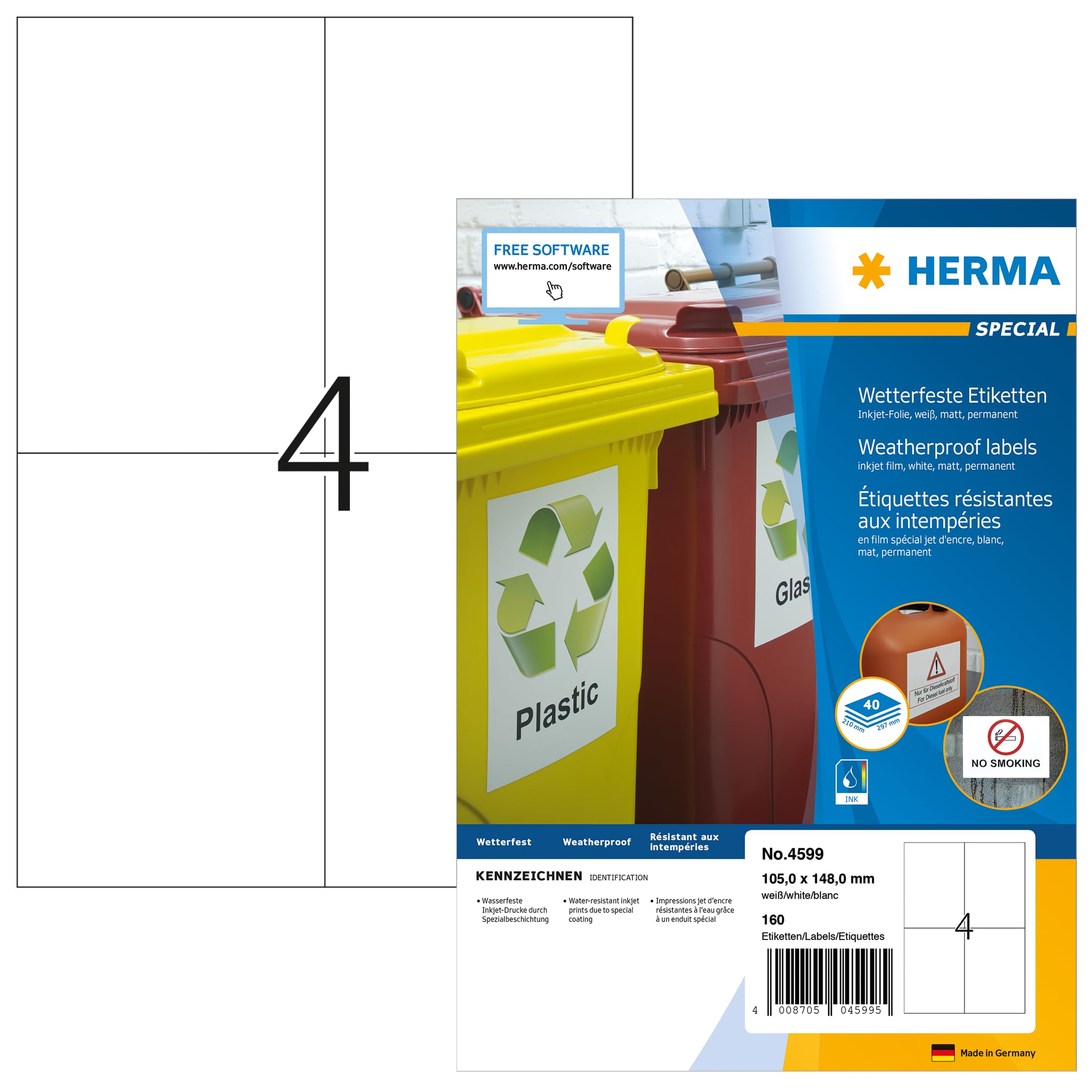HERMA Self Adhesive Inkjet Labels, 4 Labels per A4 Sheet, 40 Sheets, 105 x 148 mm, 160 Labels, Blank Weatherproof Film Labels Stickers, Sticky Labels for Inkjet Printer, White