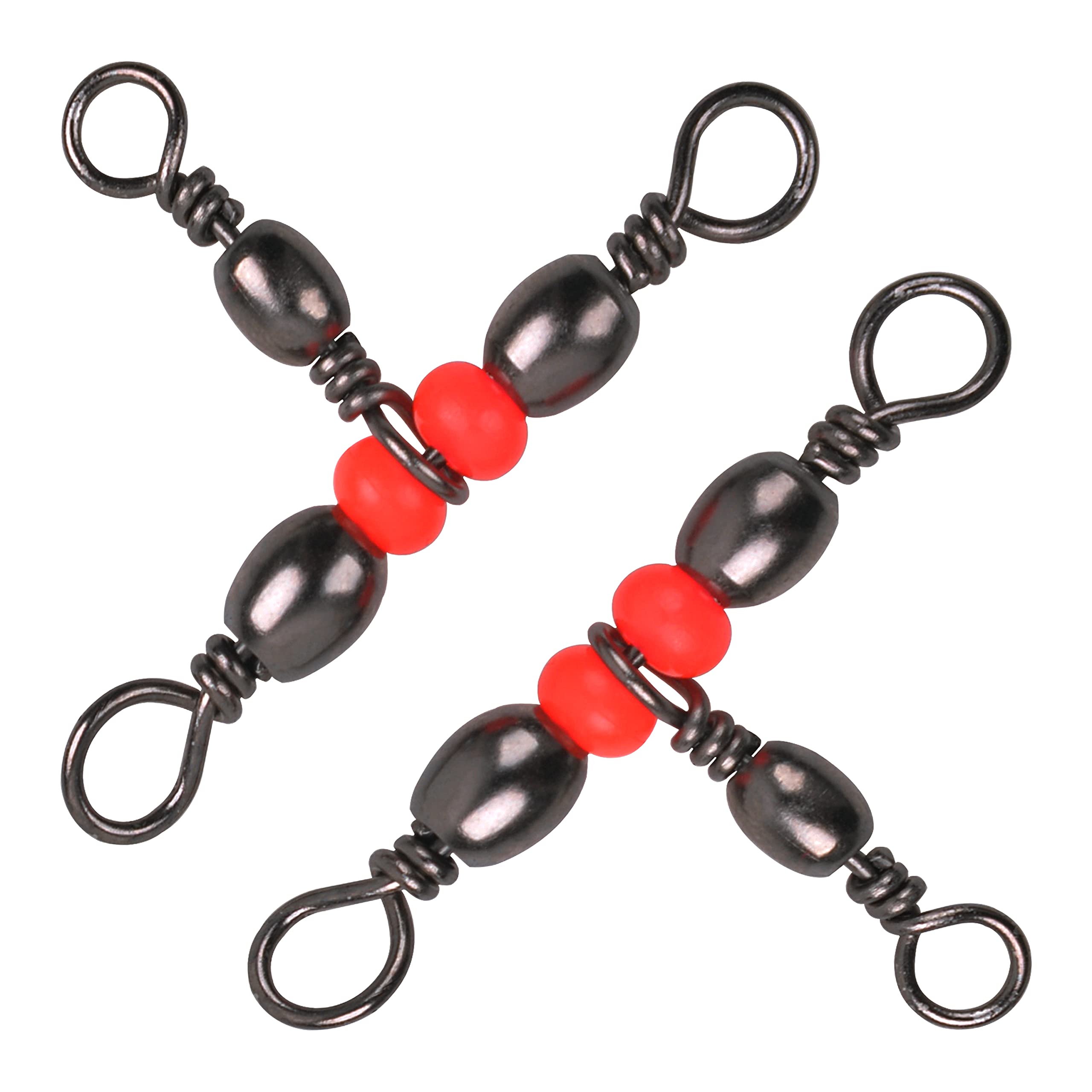 3 Way T-Turn Barrel Swivels Fishing Tackle, 50pcs Brass Barrel Triple Swivel Cross Line 3 Way Barrel Fishing Connector with Red Fishing Beads for Freshwater Saltwater Test 20-100LB