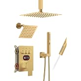 Longriver 3-Push Button Shower Faucet Set Hydro Power Temperature Display | Shower System Ceiling Mounted 10" &amp; Wall Mounted 6" Shower Head with 3-Spary Handheld, Brushed Gold