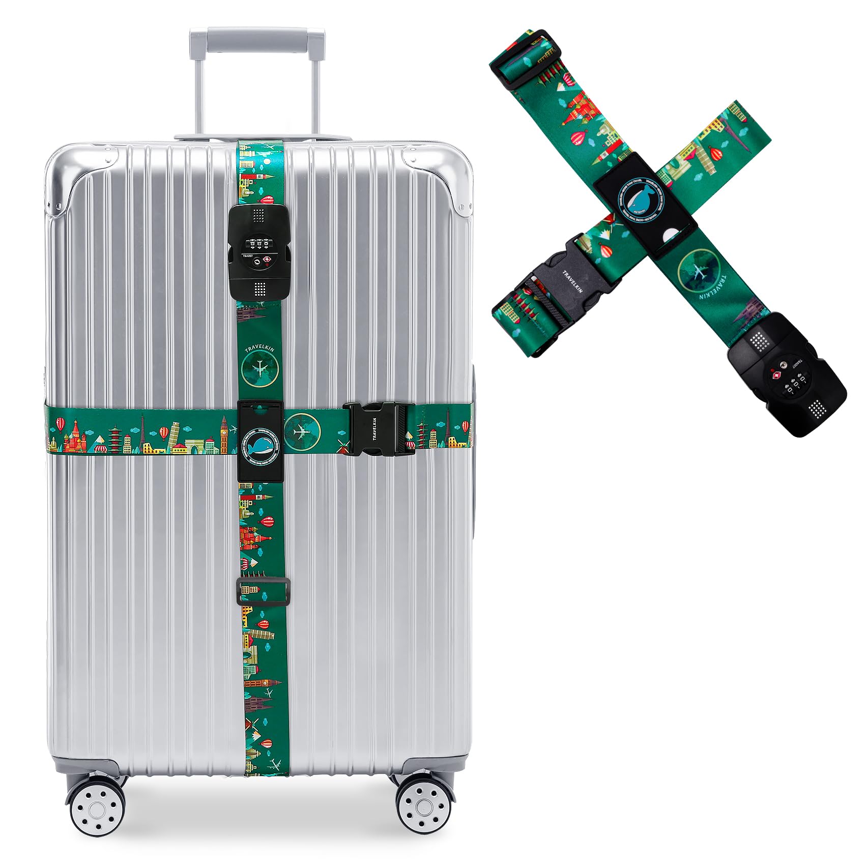 Travelkin Cross Luggage Straps TSA Approved,Adjustable Travel Suitcase Belts Fit 18-32 inch, Green-With TSA Lock