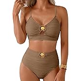 Herseas Womens 2 Piece Bikini Sets High Waisted Metal Ring Textured Swimsuit 2026 Summer Bathing Suits Beach Swimwear
