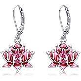Lotus Earrings 925 Sterling Silver Pink Lotus Leverback Dangle Earrings Flower Jewelry for Women Mom