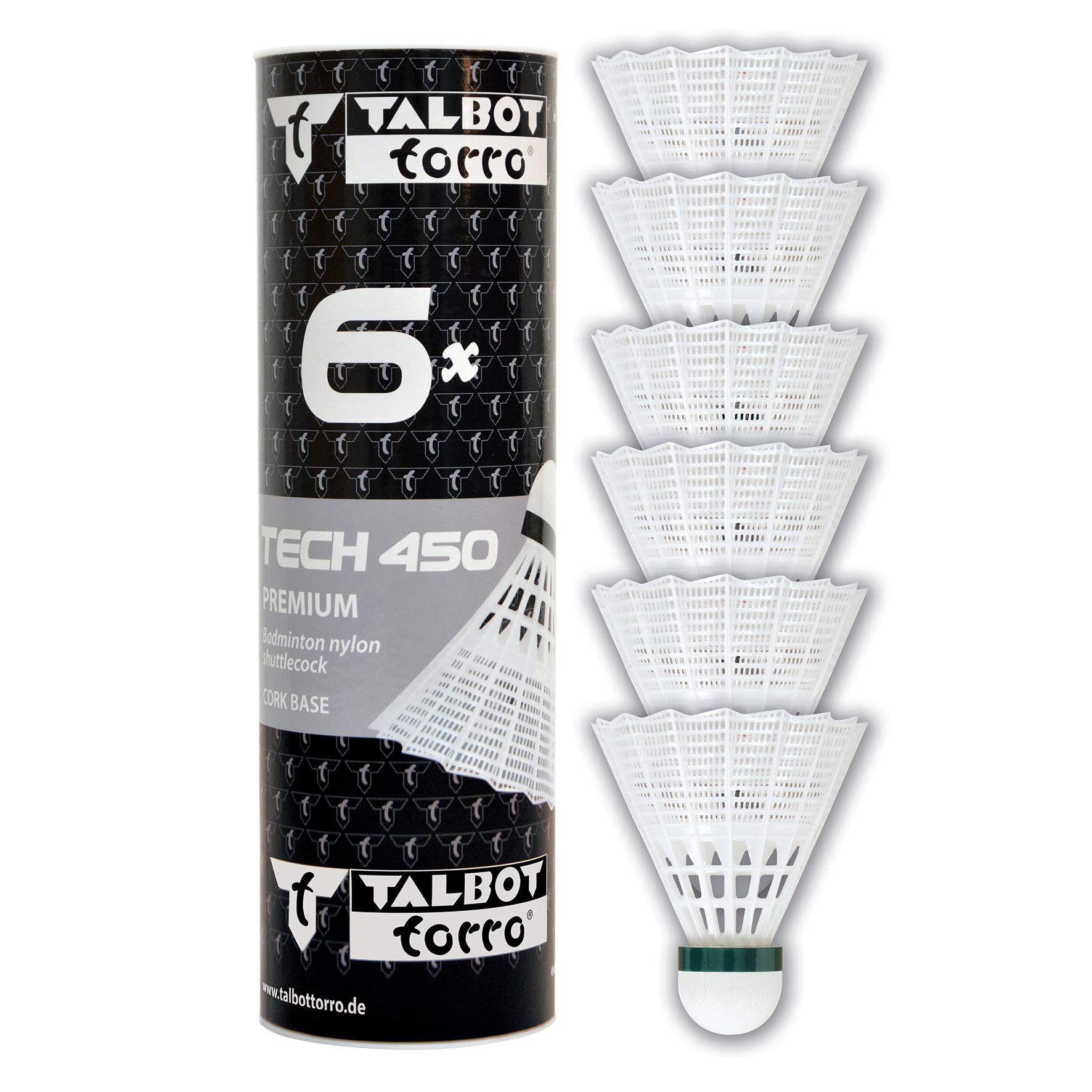 Talbot-Torro Badminton Shuttlecocks Tech 450, 6 Pieces, White, Speed: Green/Slow, in Premium Nylon, 469282