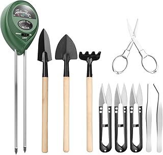 Pancellent Boden Messgerät mit 9-teiligem Bonsai Werkzeug, 3-in-1-Feuchtigkeitssensor/Sonnenlicht/pH-Wert, einschließlich Gartenschere, Faltenschere, Mini-Rechen, Knospe & Trimmer Set