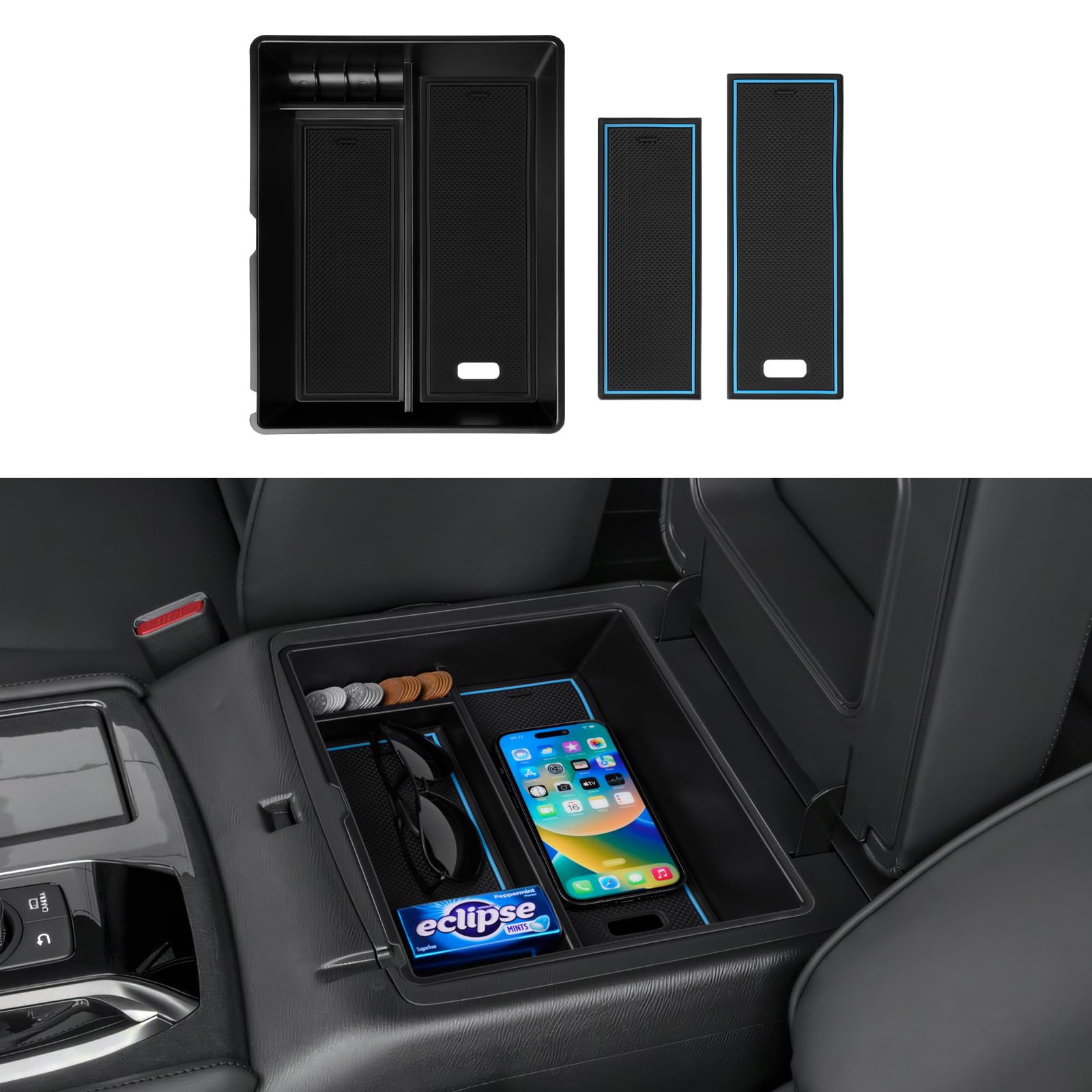 Photo 1 of FIILINES Center Console Organizer with Anti-Slip Mats for Nissan Armada 2021 2022 2023 2024, Console Tray Secondary Armrest Storage Box ABS Insert Container Accessories with Black and Blue Mats