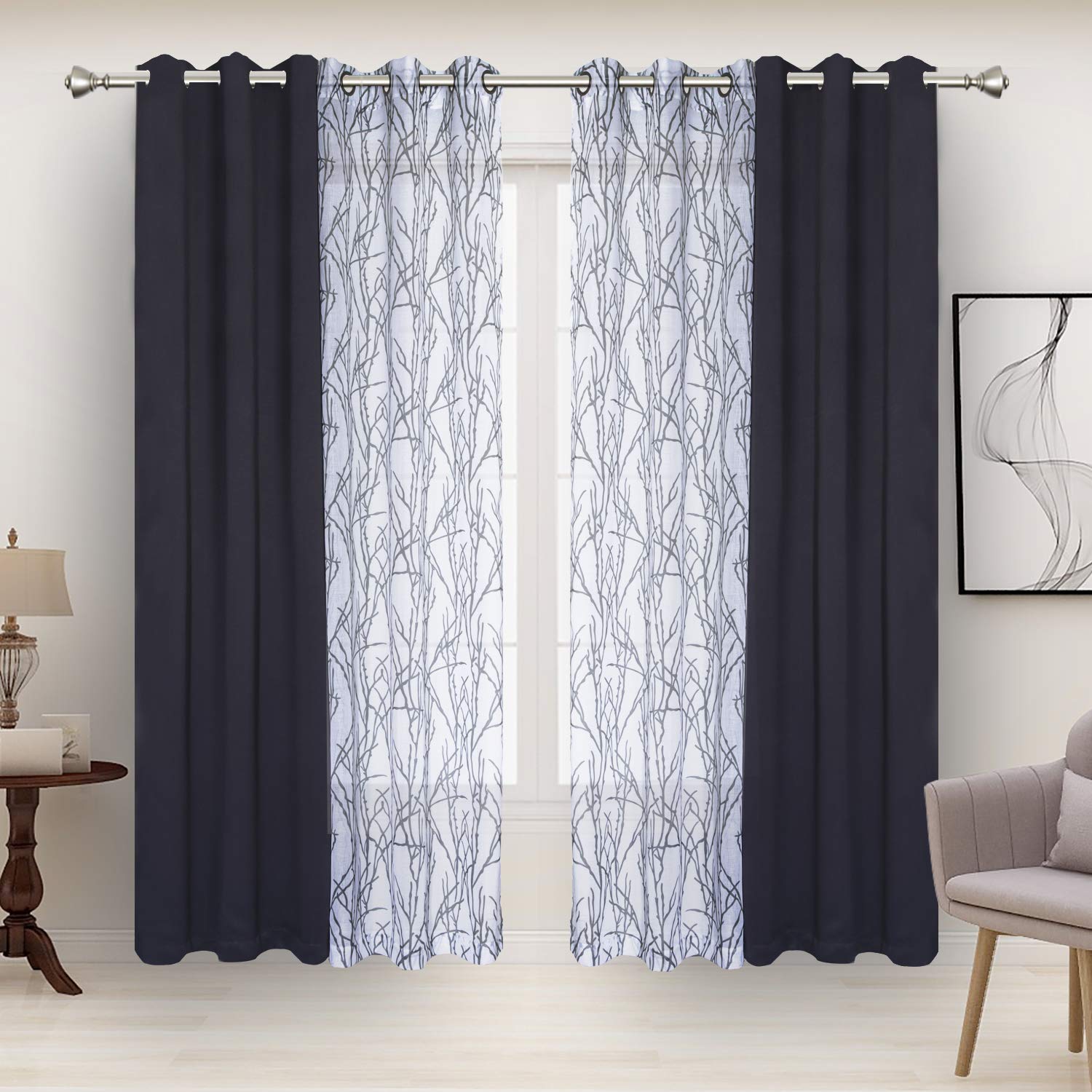 Bonzer Mix and Match Curtains - 2 Pieces Branch Print Sheer Curtains and 2 Pieces Blackout Curtains for Bedroom Living Room Grommet Window Drapes, 37x84 Inch/Panel, Grey Dark, Set of 4 Panels